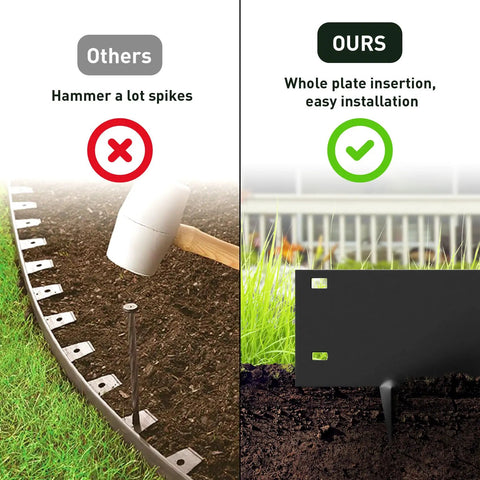 Comparison of traditional spike method with "No Dig Metal Landscape Edging That Ends Mess Easy Install Rust Resistant Galvanized Steel Garden Border 39 By 10 Inches Black Outdoor Edging Pack Of 5 For Lawn Flower Beds Pathways Yard" showing spike insertion vs whole plate installation.