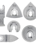Six Piece Diamond Oscillating Saw Blade Set For Grout Removal And Tile Repair arranged on white background