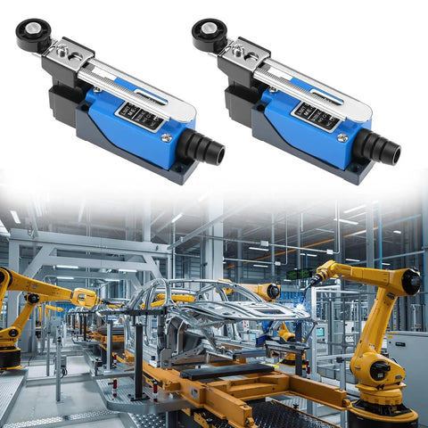 Duo Pack Adjustable Roller Lever Arm Momentary Limit Switch With DPDT NC NO Contacts For CNC Mills And Routers Metal Construction Mini Limit Switch Set, two switches shown