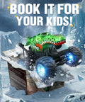 Rad Remote Control Monster Truck For Kids 4 5 6 7 8 9 Years Old With 360 Degree Stunts Dino Design Music Wireless LED Strobe Lights Two Batteries Green jumping out of a box in icy landscape.