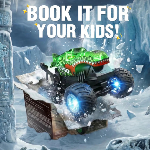 Rad Remote Control Monster Truck For Kids 4 5 6 7 8 9 Years Old With 360 Degree Stunts Dino Design Music Wireless LED Strobe Lights Two Batteries Green jumping out of a box in icy landscape.