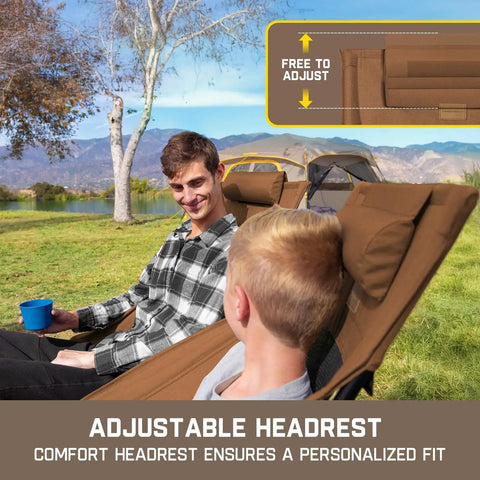 Two people sitting in a Zeta L8 Max Camping Chair With Carry Bag, Ultra Portable Lightweight Kickback Rocking Chair, brown headrest adjustment