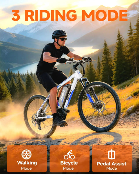 Rider on High Power 1000W Electric Mountain Bike For Adults With 26 Inch Frame in mountain terrain