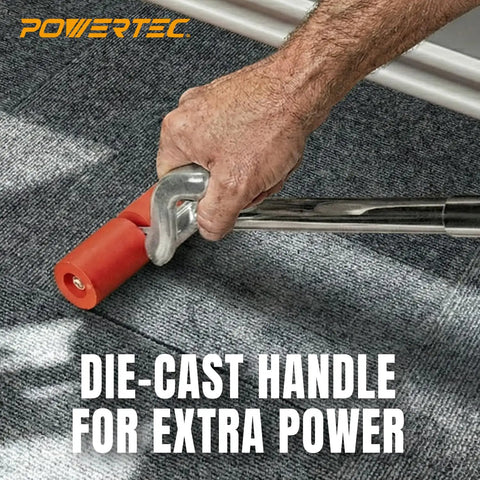 Extendable Floor And Wall Roller With 17 To 27 Inch Adjustable Handle And 7.5 Inch Wide Roller Head For Vinyl Tile Linoleum LVP Veneer Carpet And Wall Coverings Heavy Duty Build And Non Slip Grip With Die Cast Handle in use on carpet, showing die-cast handle for leverage.