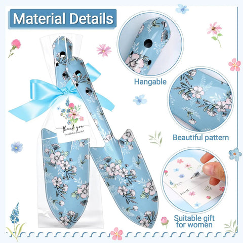12 Pack Floral Garden Shovel Set For Women Bulk Garden Tools Gift Bundle with blue floral shovels, thank you cards, and ribbons