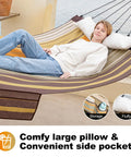 Woman relaxing on 14 Foot Two Person Outdoor Hammock With Quick Dry Textilene Fabric and pillow, showing side pocket.
