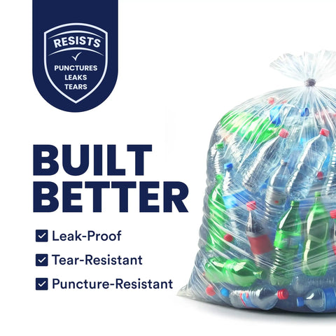 Ultra Tough 55 To 60 Gallon Trash Bags 1.5 Mil Clear Liners 38 By 58 Inches Puncture Resistant Multipurpose Bags filled with bottles