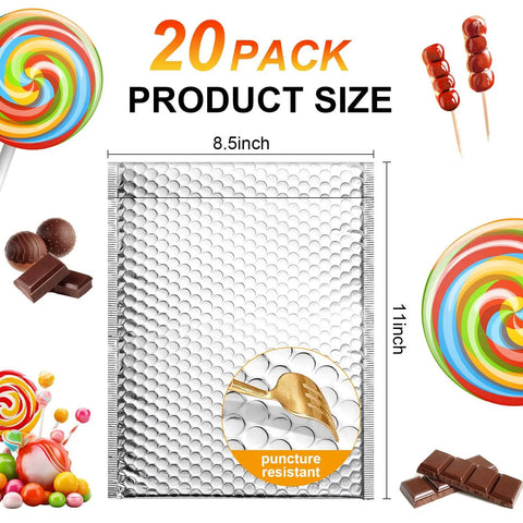20 Pack 9x11 Inch Thermal Bubble Mailers With Insulated Metallic Foil, showcasing puncture resistance feature with candy background.