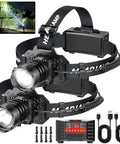 Rechargeable Dual Headlamp Pack 1200 Lumen Dope Bright White And Red LEDs, 12 Modes, Motion Sensor, Waterproof For Outdoor Fishing Camping Running Cycling And More, shown with charging cables and accessories