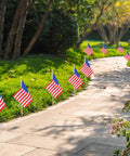 Sidewalk lined with 40 Pack Small American Flags On Sticks 4 By 6 Inch Mini Flags For 4th Of July Bash Memorial Day Decorations Patriotic Party Decor Hand Held Wooden Stick Kid Safe on grassy path