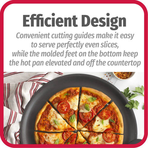 AirPerfect Nonstick 15.75 Inch Pizza Pan Set Of 2 For Oven Perforated Carbon Steel Trays with pizza on pan showing crispy crust.