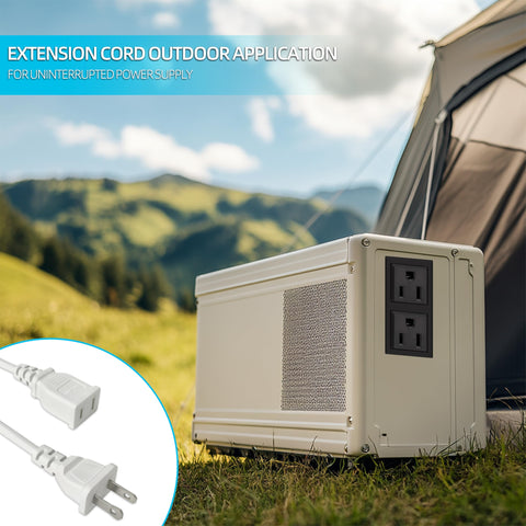 Flat 3 Foot White Extension Cord 2 Prong Polarized Light Duty ETL Listed Power Cable in outdoor setting next to appliance.