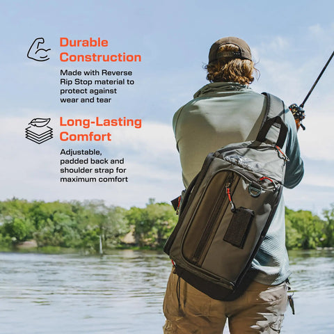 Angler with Largemouth 3.0 Fishing Sling Pack Gray With 3600 Quiklatch Tackle Trays by a lake