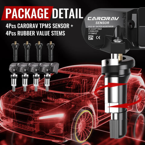 GM TPMS Sensor 4Pack Compatible With Buick Enclave Encore Envision Lucerne Regal Cadillac ATS CTS XTS Chevy Colorado Silverado Impala Malibu GMC Yukon Sierra And More Tire Pressure Monitoring System Replacement, 4 sensors with rubber valve stems