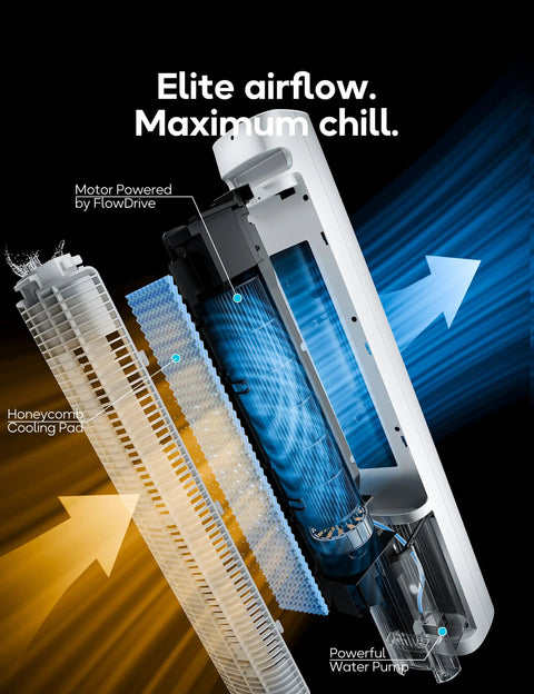 Interior components of Windowless Portable Evaporative Cooler With 1 Gal Tank And 4 Ice Packs showing cooling pad and pump.