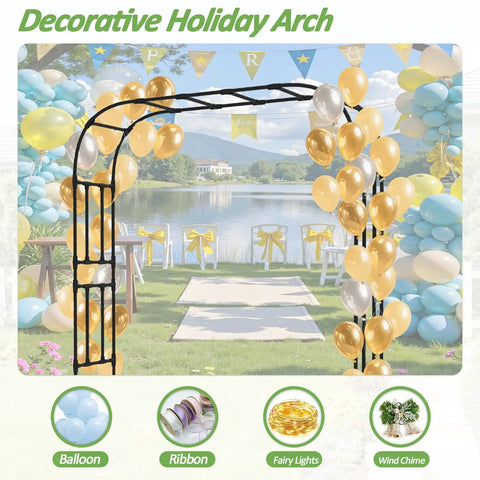 Heavy Duty Rust Proof Iron Garden Arch Trellis For Climbing Plants Outdoor Use With 20mm Thick Tubing Galvanized Steel And PE Coating Built To Last Backyard Patio Lawn Arbor Archway For Weddings And Decor with balloons and lake view