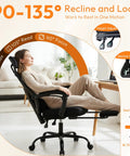 Woman reclining in a Comfy High Back Mesh Desk Chair With Foot Rest And Wheels For Ergonomic Support showing adjustable features.