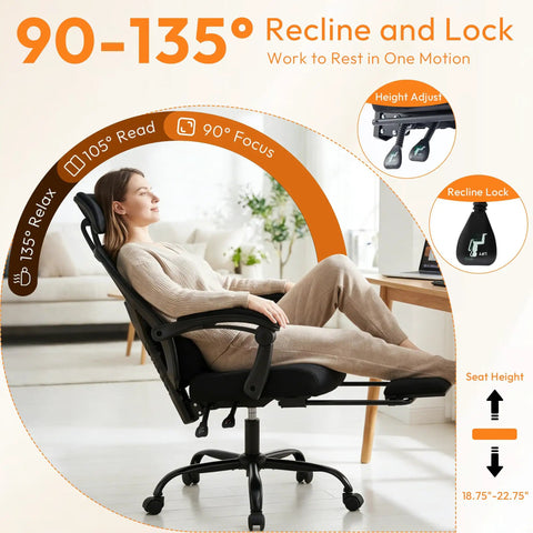 Woman reclining in a Comfy High Back Mesh Desk Chair With Foot Rest And Wheels For Ergonomic Support showing adjustable features.
