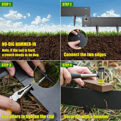 Installation steps of Durable 33ft Galvanized Steel Landscape Edging Kit with clips and hammer for securing in soil