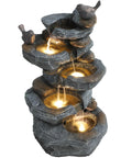 5 Tier Cascading Rock Water Fountain With LED Lights For Outdoor And Indoor Use, resin water feature with bird sculptures