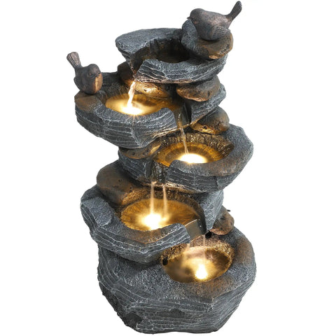 5 Tier Cascading Rock Water Fountain With LED Lights For Outdoor And Indoor Use, resin water feature with bird sculptures