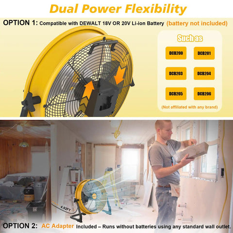 Dual Power 16 Inch Floor Fan Cordless Or AC Powered With 20V Max Battery Compatibility in a construction setting