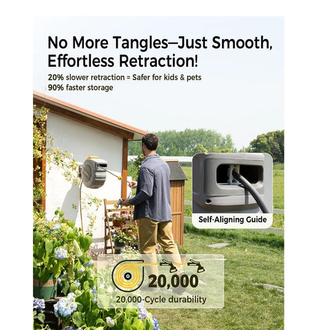 Man using Beefy Heavy Duty Retractable Garden Hose Reel 100 Ft 5/8 In Wall Mount With Brass Fittings 9 Pattern Nozzle