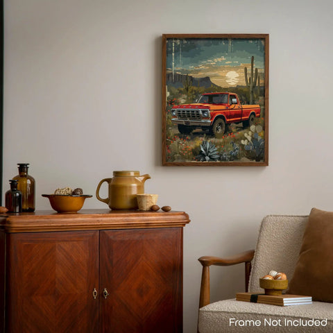 Steady Vintage Truck Wall Art Print For Rustic Home Decor, Classic 1950s Chevy Ford Pickup, Old School Truck Charm In Red, Country Style 11x14 Inch Unframed Poster on wall