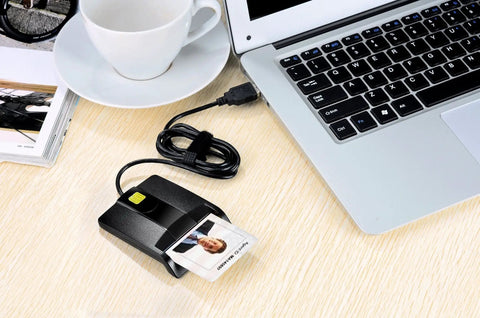 CAC Card Reader for DOD Military USB Common Access Card Reader for Mac and Windows next to laptop and cup on table