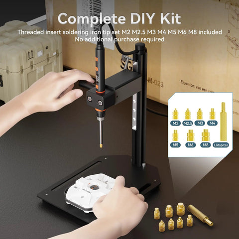 Vertical Heat Set Insert Tool With 90W Soldering Iron, M2-M8 brass threaded inserts, durable base, shown in a DIY setup.
