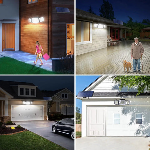 Outdoor Solar Flood Lights With Remote Control 3 Head Motion Sensor Flood Lights illuminating driveways and porches