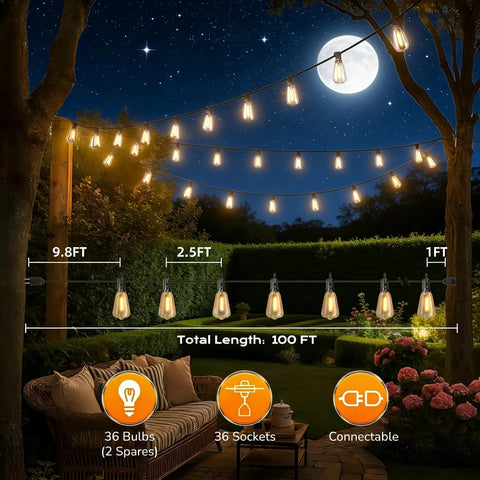 100Ft Shatterproof LED Outdoor String Lights With Dimmable Waterproof Design And Connectable Setup for Garden Parties