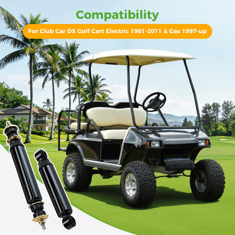 Smooth Ride Front And Rear Golf Cart Shock Absorber Kit For Club Car DS next to a golf cart on a green course