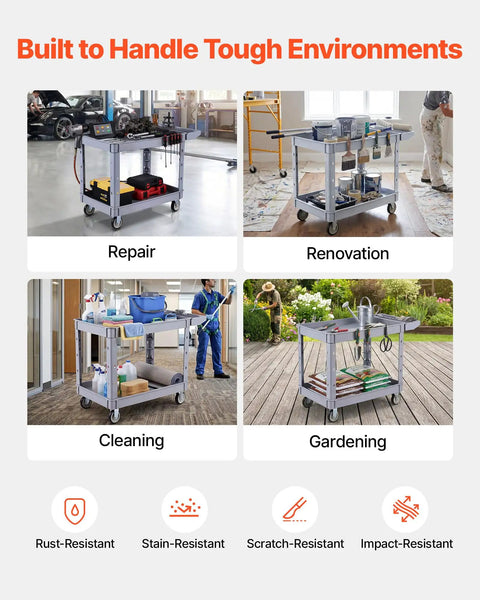 Heavy Duty Rolling Utility Cart 550 Lb Capacity, 2 Tier Service Cart With 360 Degree Swivel Wheels And Brakes On Two Front Casters, Built Tough Plastic Trays, Garage Workshop Organizer Gray used for repair, cleaning and gardening