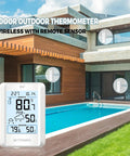 Indoor Outdoor Wireless Weather Station With 330 Foot Range No Fuss Digital Hygrometer Thermometer Battery Powered Temperature Gauge Humidity Monitor Clock And Backlight Inside Outside Readings On A Big Four Inch Display showing temperature by a pool.