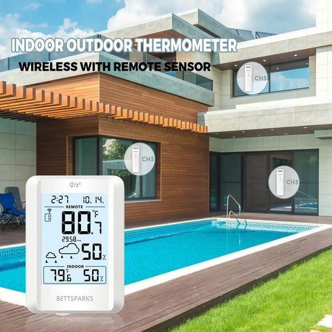 Indoor Outdoor Wireless Weather Station With 330 Foot Range No Fuss Digital Hygrometer Thermometer Battery Powered Temperature Gauge Humidity Monitor Clock And Backlight Inside Outside Readings On A Big Four Inch Display showing temperature by a pool.