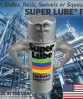 Front view of a silver Super Lube lubricant can with colorful stripes against an industrial factory background.