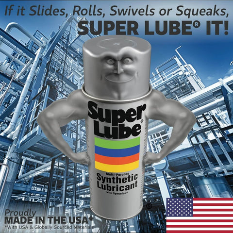 Super Lube can with muscular arms in front of industrial background and American flag, labeled Multi-Purpose Synthetic Lubricant.