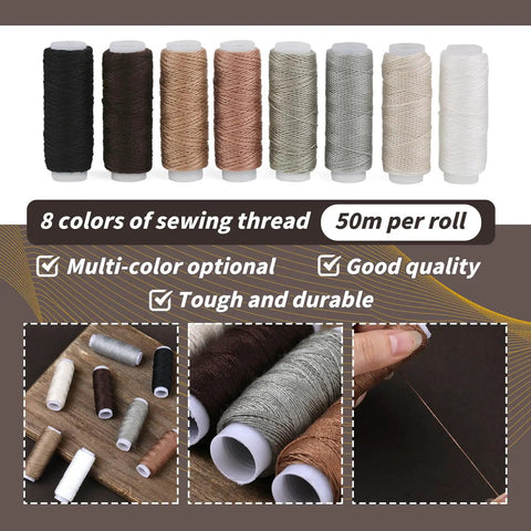 Assorted color threads in Upholstery Repair Sewing Kit With Heavy Duty Tools for DIY repairs and leather craft projects.
