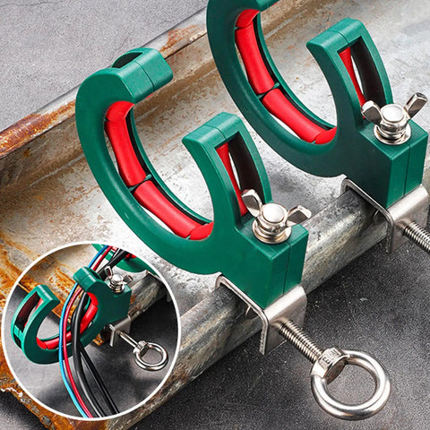 Three Piece 65mm Cable Laying Auxiliary Tool Kit Green Built For Handy Cable Tray Setup And Easy Repositioning No Extra Tools Needed With Rolling Axle Design For Flexible Wire Guide Direction Change. Green plastic cable guide on metal tray with screw clamp, 65mm