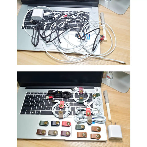 Top: tangled cords on laptop, bottom: neat setup with Leather Cord Organizer And Cable Keeper Case For Earbuds And Headphones.