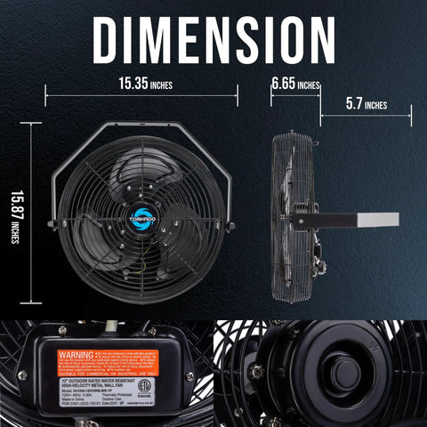 Beefy Outdoor Wall Mounted Fan Weatherproof IPX4 12 Inch High Velocity Metal Fan dimensions and motor close-up