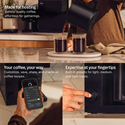 Person using Aiden Precision Coffee Maker With Thermal Carafe 10 Cup Programmable Drip Coffee Machine For Single Serve And Batch Brew Adjustable Brew Strength Removable Water Tank Matte Black, pouring coffee, adjusting settings, and customizing brew via smartphone.