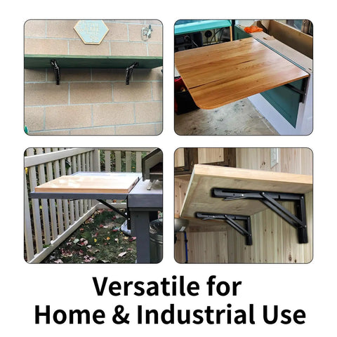 Heavy Duty Black Folding Shelf Brackets Wall Mounted Space Savers Steel Collapsible Supports Built Tough For Diy Workbench Desktop Kitchen Rack 330 Lb Pack Of Two shown in various installations.