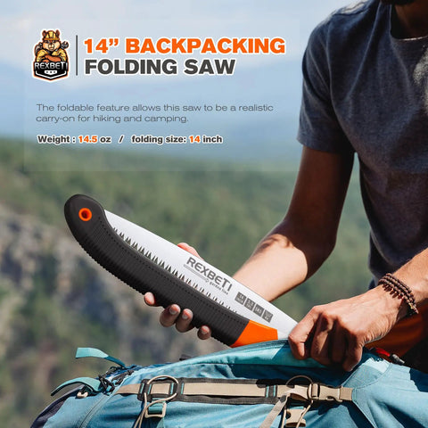 Person holding folding saw for backpacking and camping with a 14 inch blade extra long pruning and dry wood cutting SK5 steel teeth.