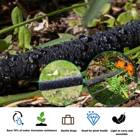 Customizable Soaker Hose System With 50 Ft 1/2 Inch Soaker Hose And 25 Ft PVC Garden Hose, close-up of soaker hose in garden