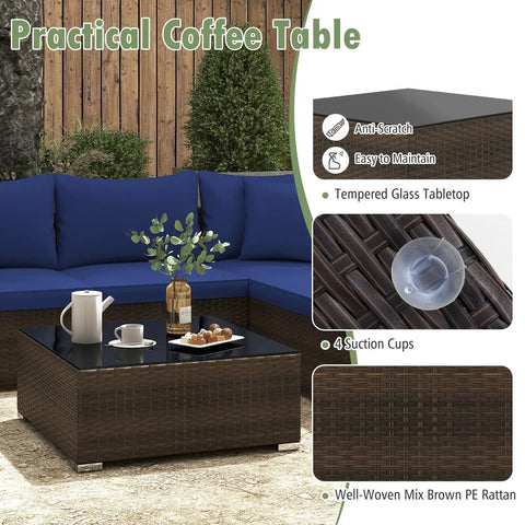 Tempered glass coffee table of 7 Piece Outdoor Wicker Patio Furniture Set for Six With Cushions, Mix Brown and Navy
