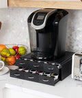 72 Pod Coffee Drawer Organizer With Two Tier Storage for Single Serve Pods with coffee machine on countertop
