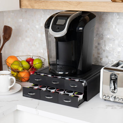 72 Pod Coffee Drawer Organizer With Two Tier Storage for Single Serve Pods with coffee machine on countertop