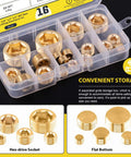 Brass NPT Pipe Plugs Kit 16-Piece, 5 Sizes in storage case, hex-drive socket plugs visible in container slots.